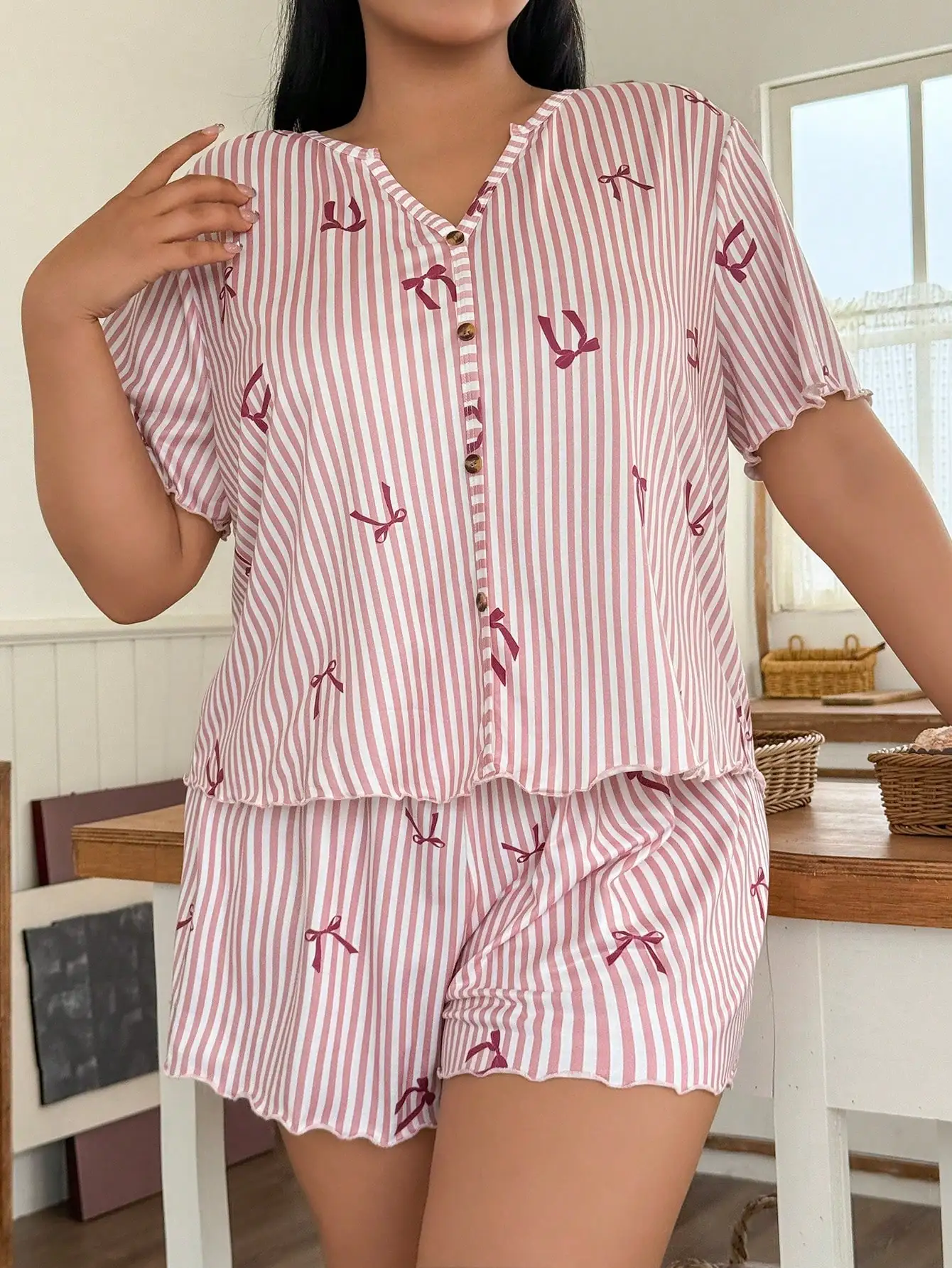 Pink and White Striped Bow Print Button-Up Plus Size Pajama Set
Pink and White Striped Bow Print Button-Up Plus Size Pajama Set