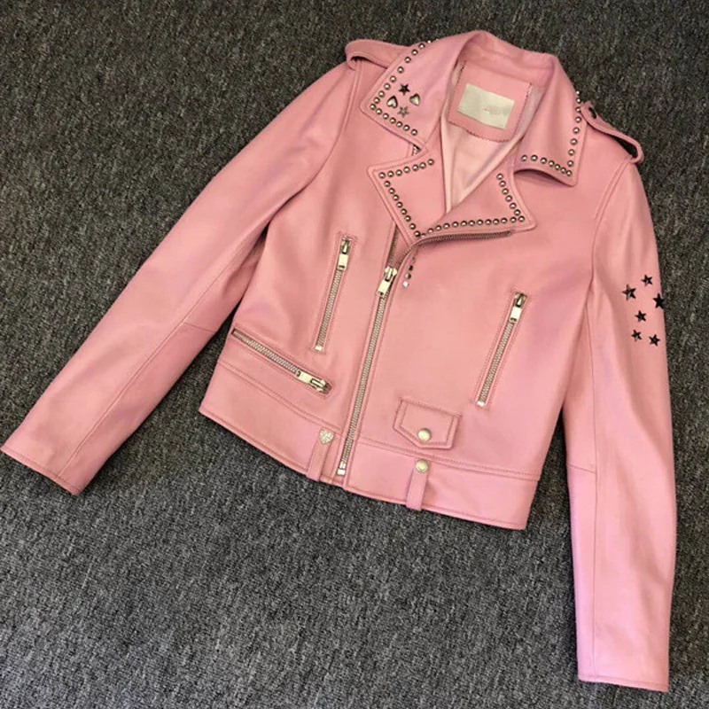Spring New Women's Genuine Leather Clothes Short Pink Real Leather Jacket Black Sheepskin Rivet Motorcycle Coat for Women Ladies
Spring New Women's Genuine Leather Clothes Short Pink Real Leather Jacket Black Sheepskin Rivet Motorcycle Coat for Women Ladies