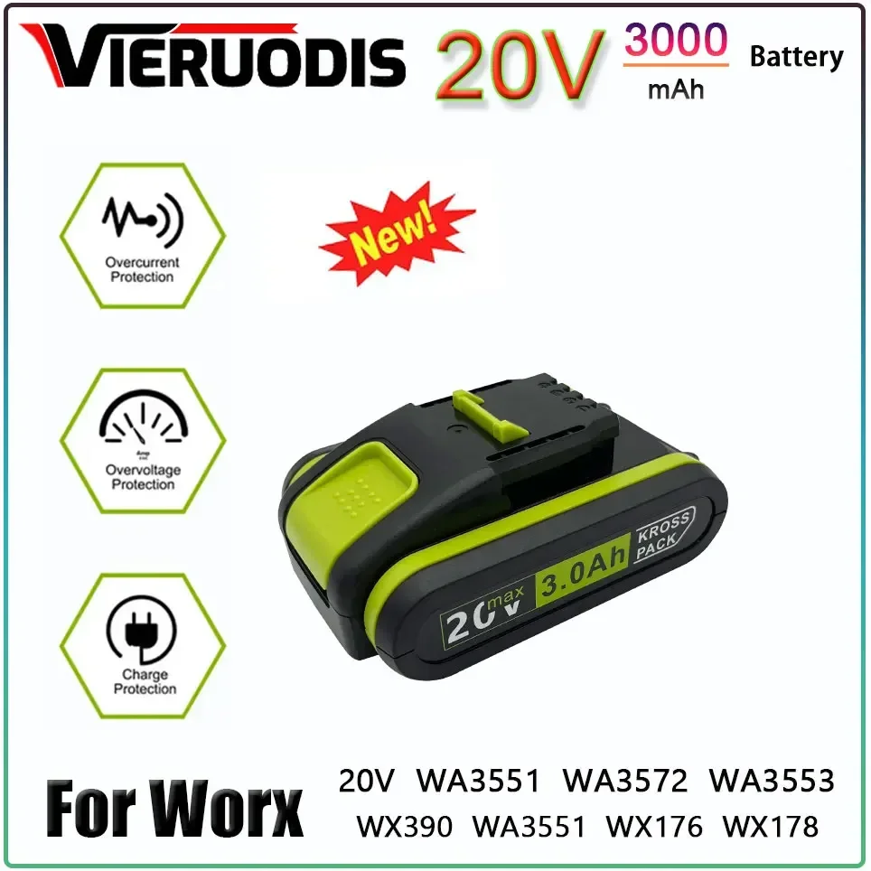 Worx New Power Tools Rechargeable Replacement Battery 20V 3000mAh Lithium for Worx WA3551 WA3553 WX390 WX176 WX178 WX386 WX678
Worx New Power Tools Rechargeable Replacement Battery 20V 3000mAh Lithium for Worx WA3551 WA3553 WX390 WX176 WX178 WX386 WX678