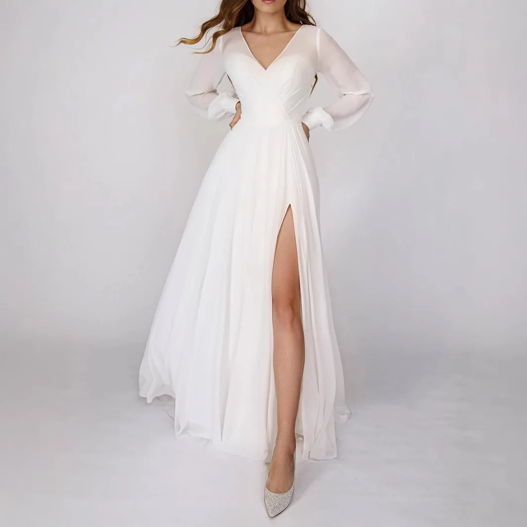 Elegant A-Line Formal Evening Dress Long Sleeve V Neck Chiffon High Split & Sweep Train Romance Prom Gown 2025 Free Customized
Elegant A-Line Formal Evening Dress Long Sleeve V Neck Chiffon High Split & Sweep Train Romance Prom Gown 2025 Free Customized