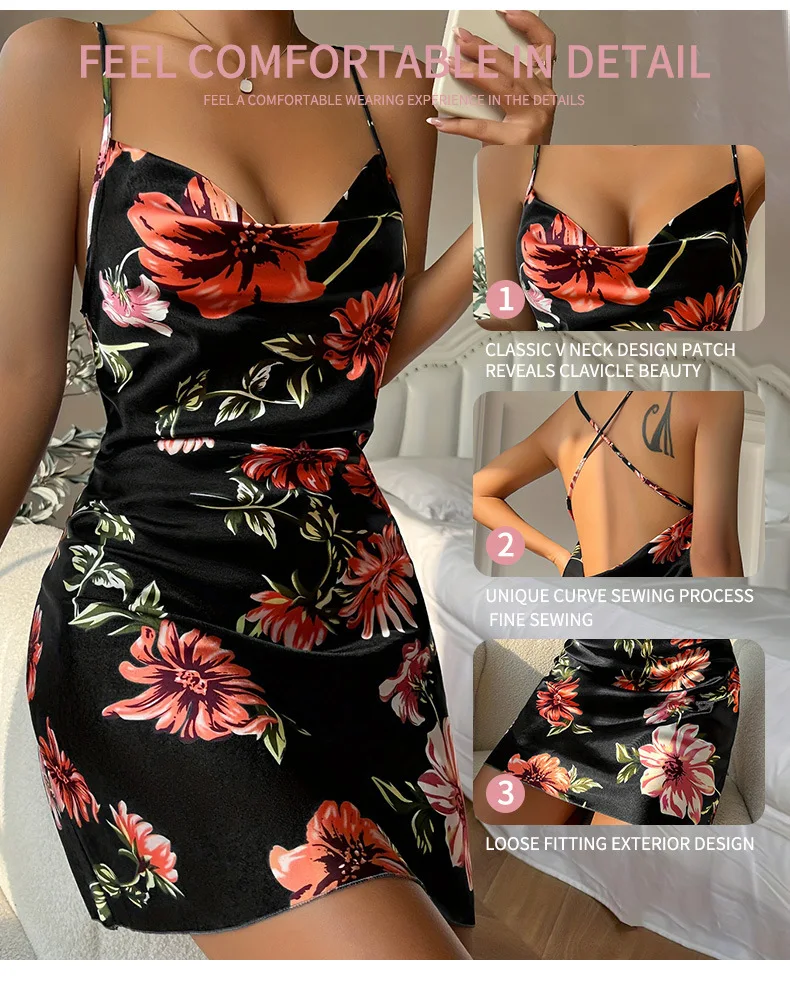 Women's Ice Silk Nightgown High-End Halter Pajamas with Cross Strap Back And Flower Pattern Sexy Imitation Silk Loungewear
Women's Ice Silk Nightgown High-End Halter Pajamas with Cross Strap Back And Flower Pattern Sexy Imitation Silk Loungewear