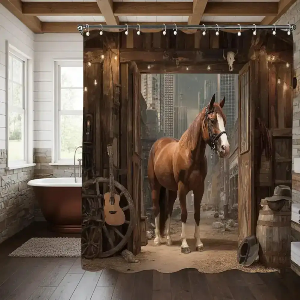 Rustic Horse In Barn With City Skyline Farmhouse Meets Urban Decor Shower Curtain
Rustic Horse In Barn With City Skyline Farmhouse Meets Urban Decor Shower Curtain