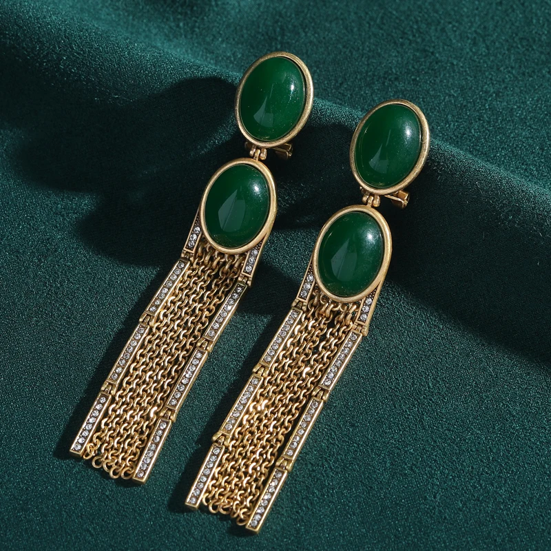 Antique Natural Green Stone Oval Drop Earrings Long Gold Color Tassel Chain Women Retro Style Vintage Luxury Quality Jewelry
Antique Natural Green Stone Oval Drop Earrings Long Gold Color Tassel Chain Women Retro Style Vintage Luxury Quality Jewelry