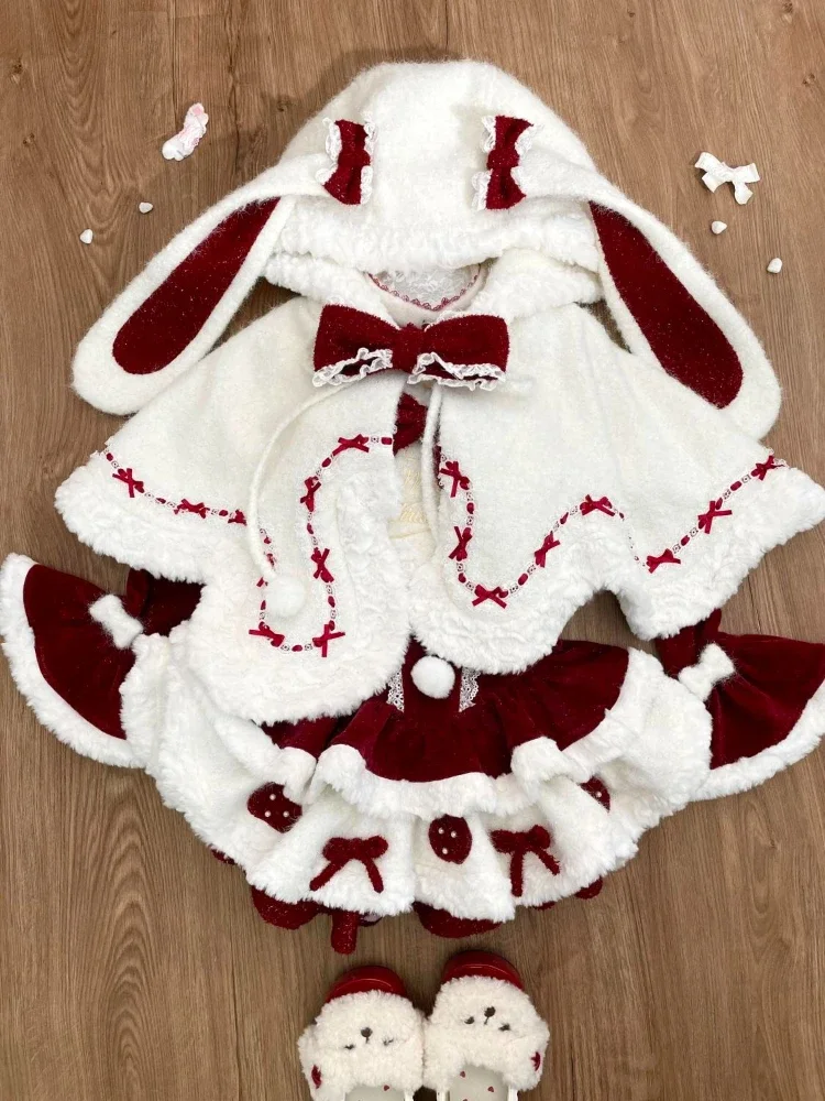 Winter Kawaii Sweet Lolita Style Women's Set 3 Piece Set Rabbit Ear Hooded Cape Coat + Bow Lace Dress + Sleeves Christmas Outfit
Winter Kawaii Sweet Lolita Style Women's Set 3 Piece Set Rabbit Ear Hooded Cape Coat + Bow Lace Dress + Sleeves Christmas Outfit