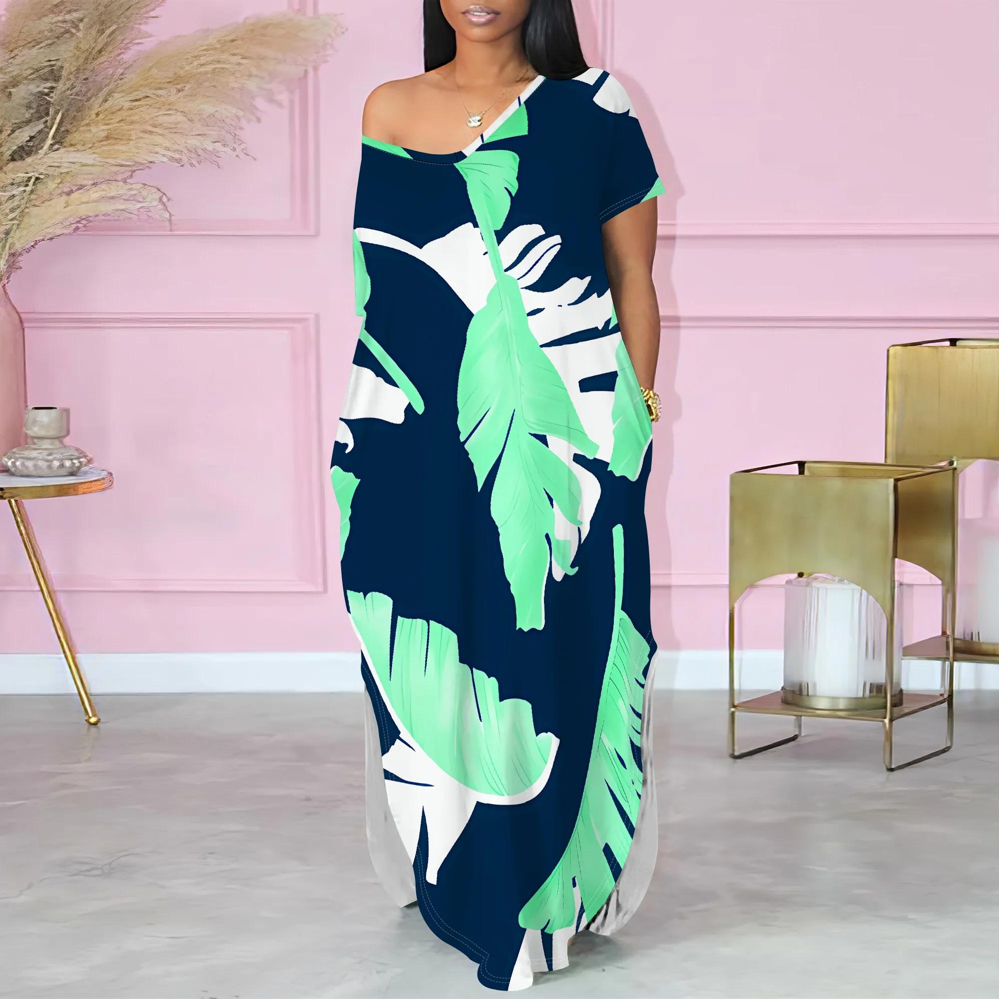 Women's Pullover Sexy Short Sleeve One-Shoulder V Neck Fashion Printed Summer Two-side Slits Casual Maxi Dresses With Pocket
Women's Pullover Sexy Short Sleeve One-Shoulder V Neck Fashion Printed Summer Two-side Slits Casual Maxi Dresses With Pocket