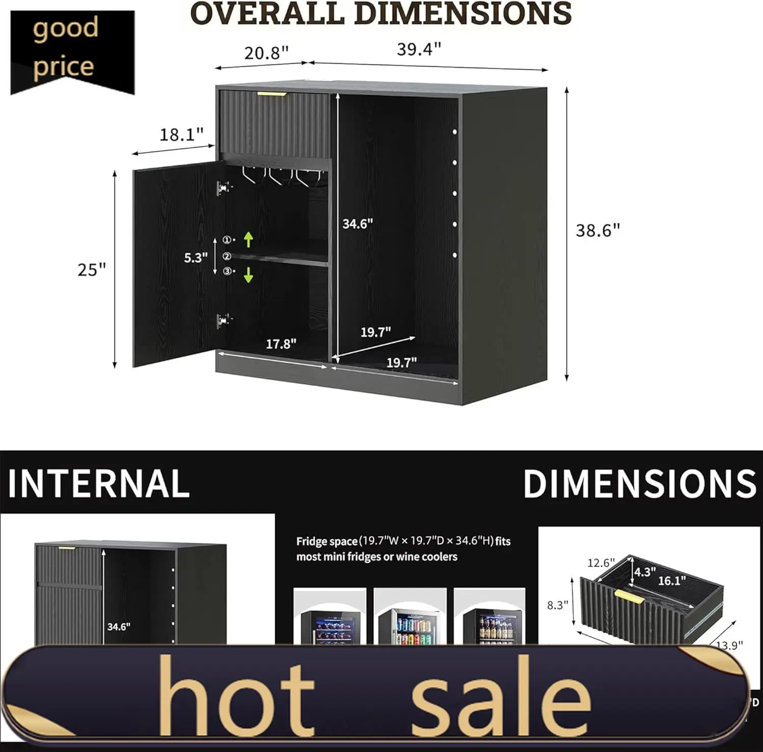 Mini Fridge Cabinet with Power Outlet, Coffee Bar Cabinet with Fridge Space & Wine Glass Rack, Fluted Buffet Sideboard with Draw
Mini Fridge Cabinet with Power Outlet, Coffee Bar Cabinet with Fridge Space & Wine Glass Rack, Fluted Buffet Sideboard with Draw
