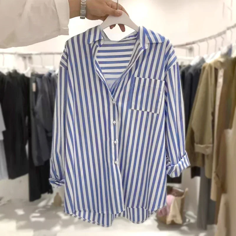 2024 Spring New Korean Style Loose Casual Free Size Small Fresh Vertical Blue Striped Long-Sleeved Shirt Ladies With Coat Blouse
2024 Spring New Korean Style Loose Casual Free Size Small Fresh Vertical Blue Striped Long-Sleeved Shirt Ladies With Coat Blouse