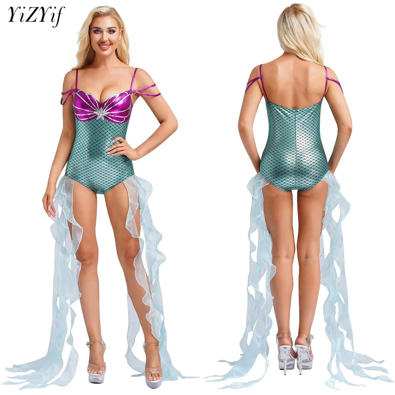 Women Mermaid Cosplay Costume Fish Scales Printed Sequins Jumpsuit with Tulle Ribbons Halloween Nightclub Party Fancy Dress Up
Women Mermaid Cosplay Costume Fish Scales Printed Sequins Jumpsuit with Tulle Ribbons Halloween Nightclub Party Fancy Dress Up