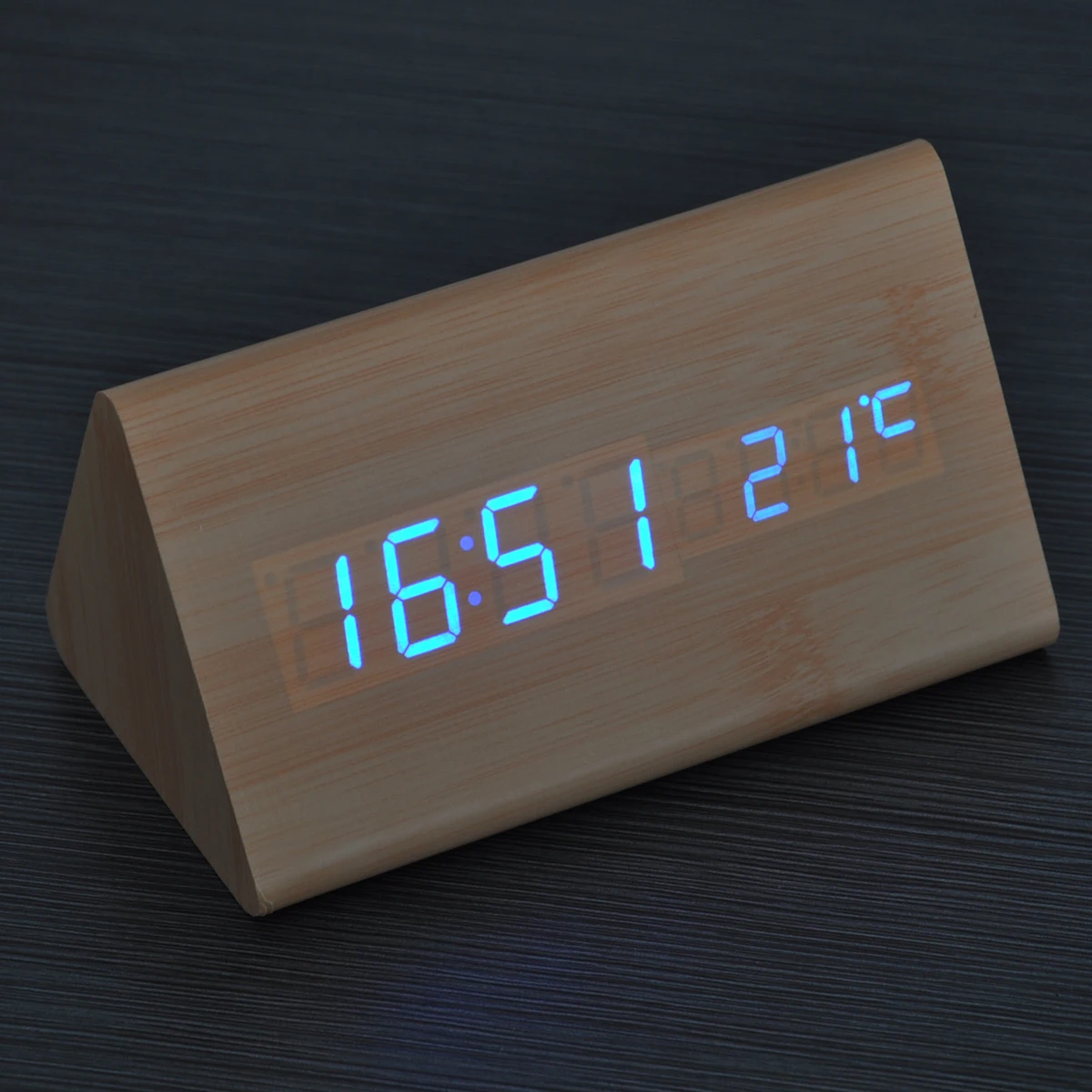Digital Wooden Clock 15-11 Blue LED Alarm Temperature Time Date USB Powered Triangle Shape Home Office Decor
Digital Wooden Clock 15-11 Blue LED Alarm Temperature Time Date USB Powered Triangle Shape Home Office Decor