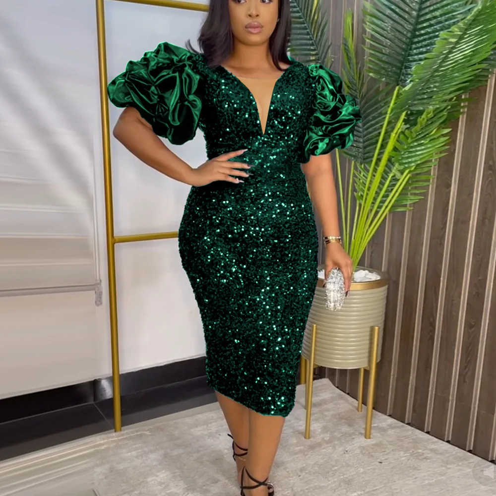 Women V Neck Dresses Mid Length Vestidos Slim Night Off Shoulder Puff Sleeve Hip Wrap Sequin Elegant Splice Evening Party Dress
Women V Neck Dresses Mid Length Vestidos Slim Night Off Shoulder Puff Sleeve Hip Wrap Sequin Elegant Splice Evening Party Dress