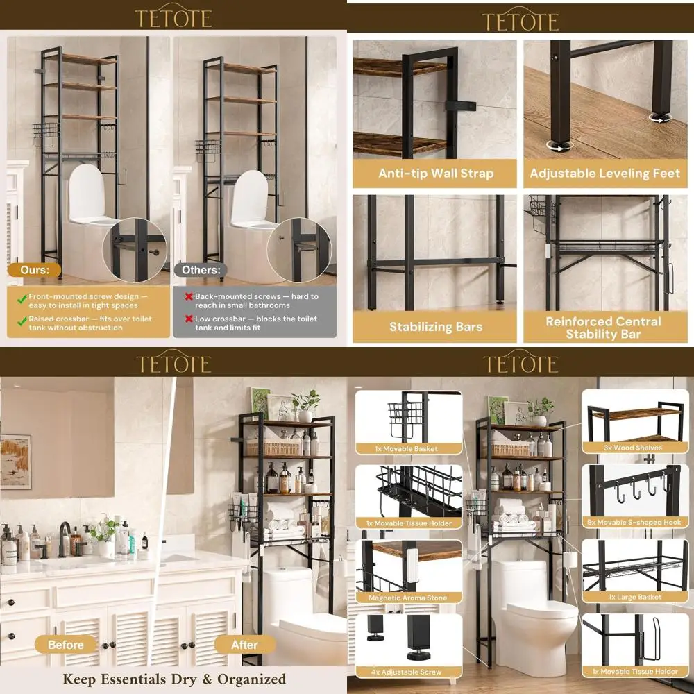 4-Tier Freestanding Toilet Storage Organizer with Adjustable Shelf and Basket, Brown
4-Tier Freestanding Toilet Storage Organizer with Adjustable Shelf and Basket, Brown