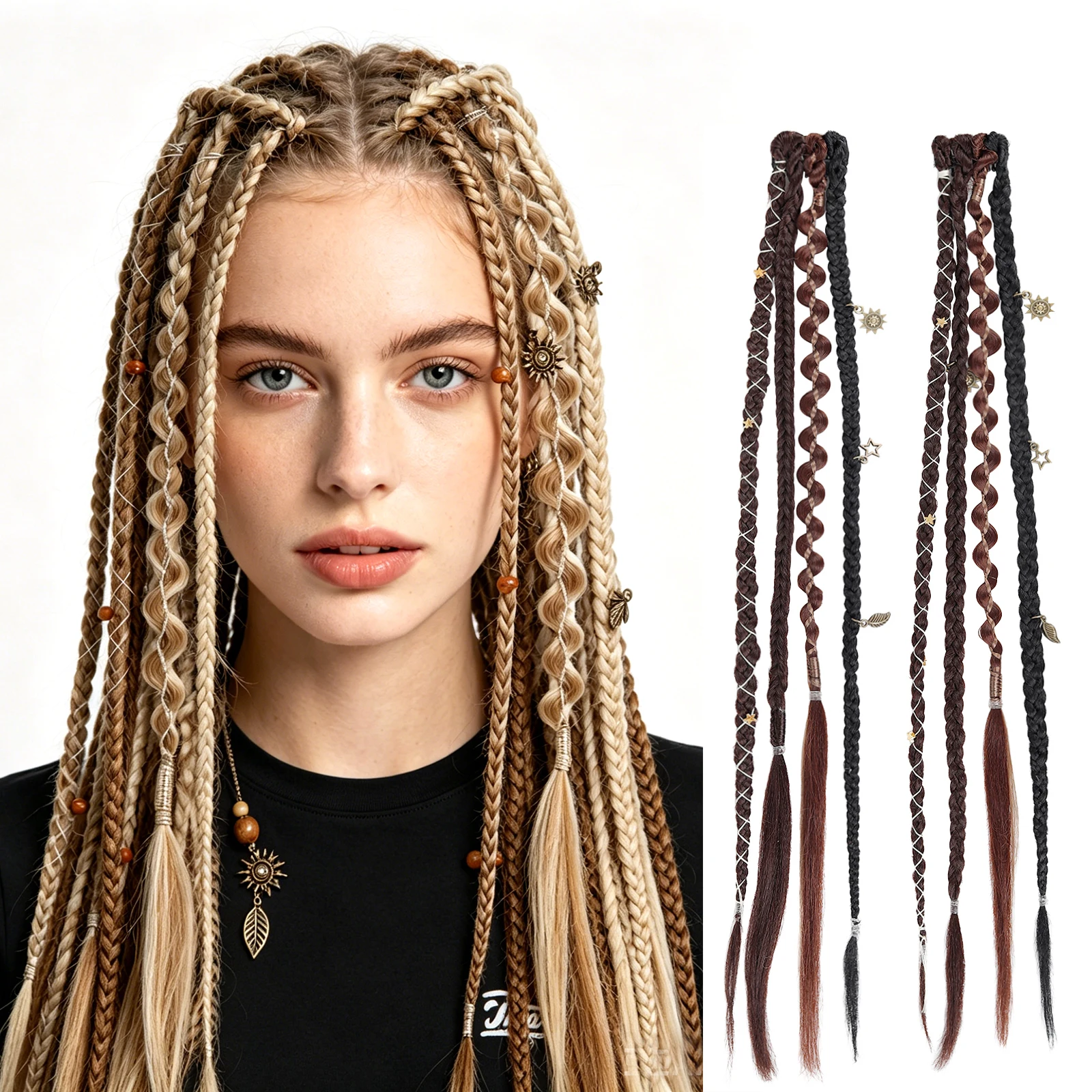 2PCS Clip In Boho Box Braids Hair Extensions Synthetic Decorated Festival Braided Hair Tassel with Star Sun Pendant for Cosplay
2PCS Clip In Boho Box Braids Hair Extensions Synthetic Decorated Festival Braided Hair Tassel with Star Sun Pendant for Cosplay