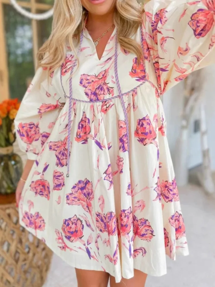 Lady Fashion Floral Print Dress Casual V Neck Lace-Up Three Quarter Loose Mini Dresses For Women Boho Holiday Womens Clothing 
Lady Fashion Floral Print Dress Casual V Neck Lace-Up Three Quarter Loose Mini Dresses For Women Boho Holiday Womens Clothing