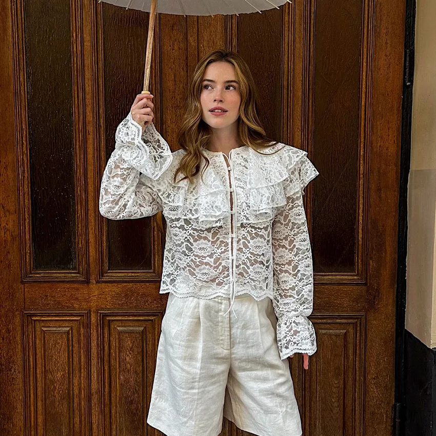 Women New Drawstring Lace-up Fashion Shirt Lace Ruffled Long Sleeve Blouse Spring Elegant Sheer Top For Ladies Party Streetwear
Women New Drawstring Lace-up Fashion Shirt Lace Ruffled Long Sleeve Blouse Spring Elegant Sheer Top For Ladies Party Streetwear
