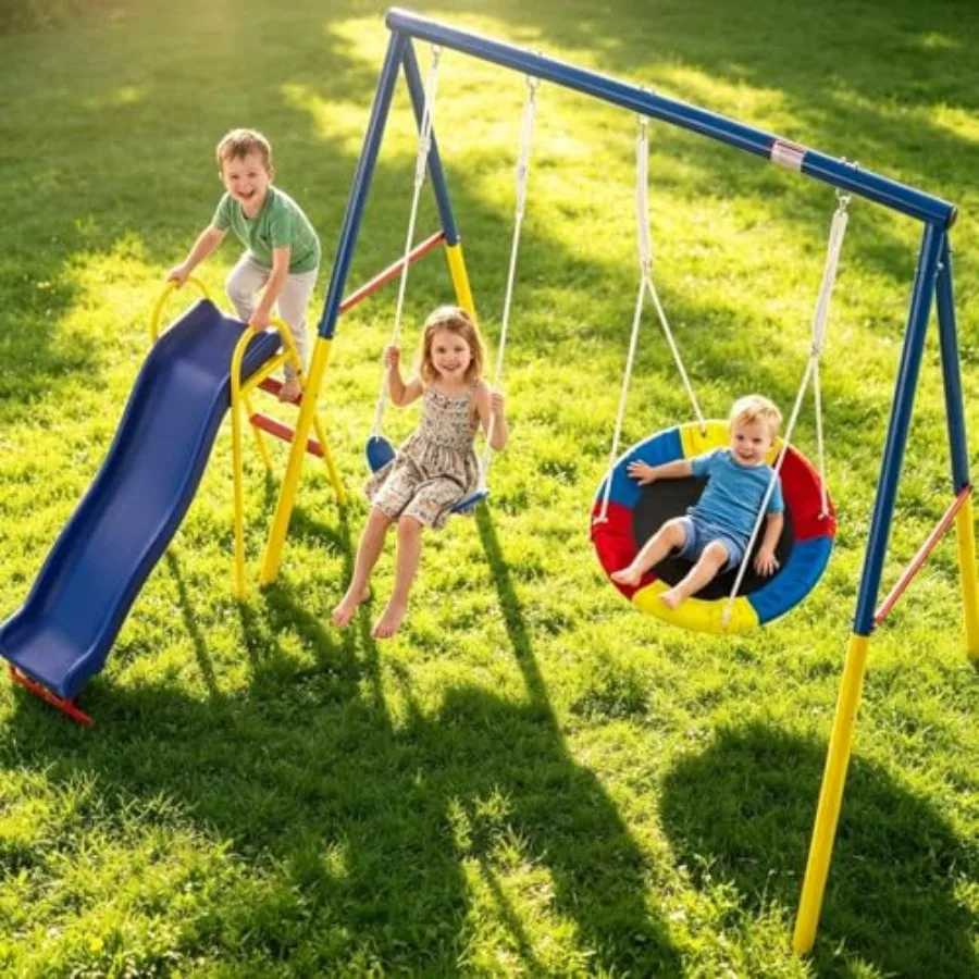 Backyard heavy-duty A-frame metal swing set, blue yellow, 440LBS capacity, 3-in-1 kids play combo with swing seat and slide
Backyard heavy-duty A-frame metal swing set, blue yellow, 440LBS capacity, 3-in-1 kids play combo with swing seat and slide