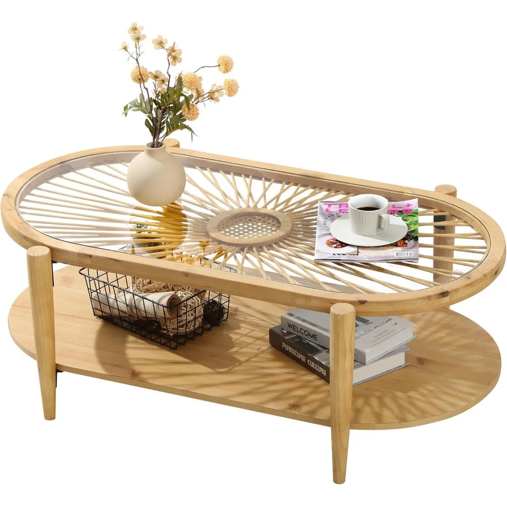 Mid Century Modern Coffee Table with Rattan & Tempered Glass Top and Wood Legs, Sofa Table for Living Room
Mid Century Modern Coffee Table with Rattan & Tempered Glass Top and Wood Legs, Sofa Table for Living Room