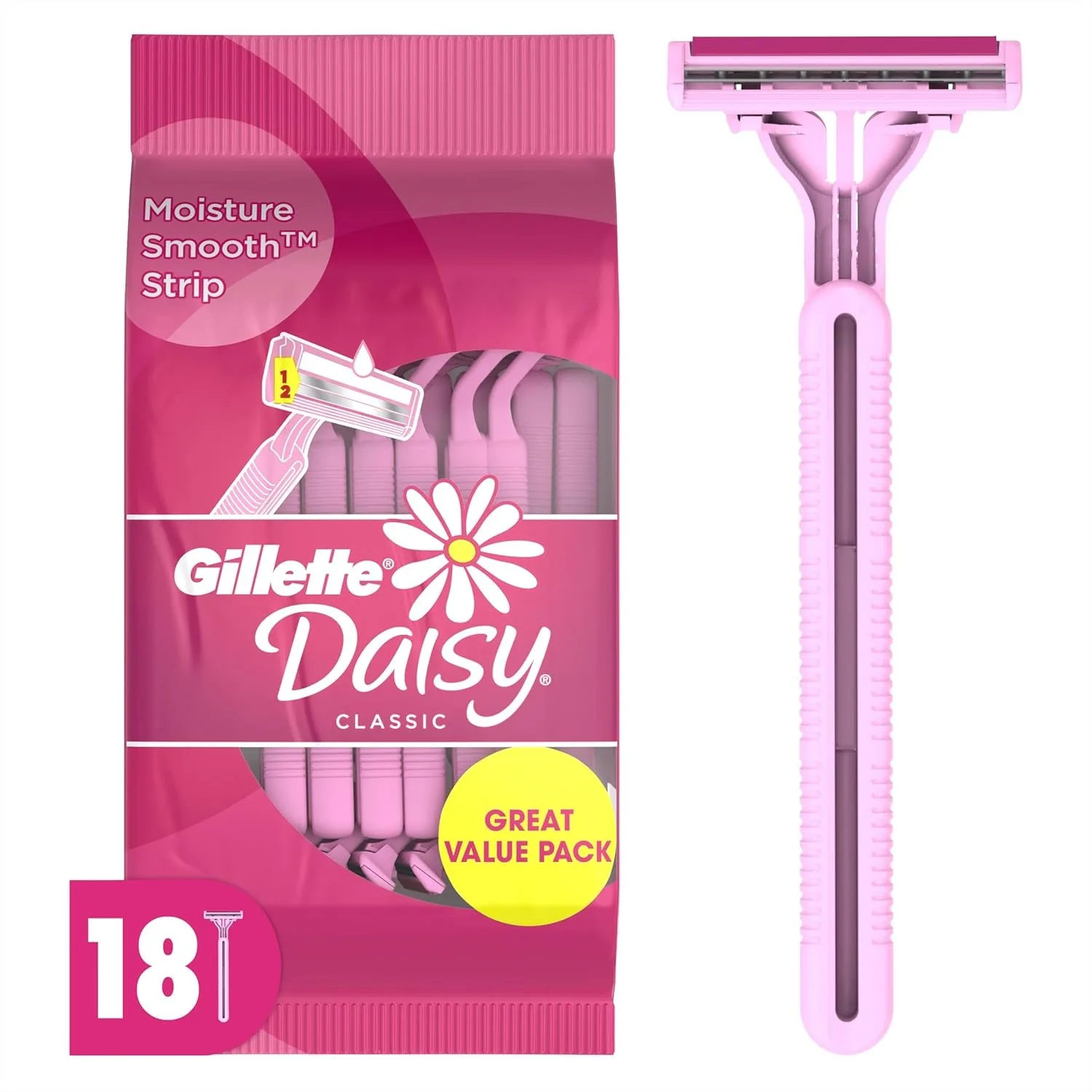 Disposable Razors for Women, 18 Count, Hair Removal with Lubrastrip and Comfort Handle
Disposable Razors for Women, 18 Count, Hair Removal with Lubrastrip and Comfort Handle