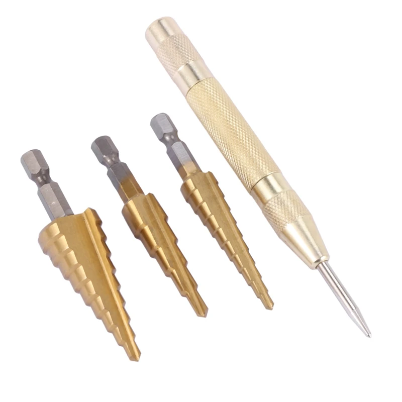 Hot Sale 3 pcs HSS Titanium Step Drill Bit Set & 1 pcs Automatic Center Punch
Hot Sale 3 pcs HSS Titanium Step Drill Bit Set & 1 pcs Automatic Center Punch