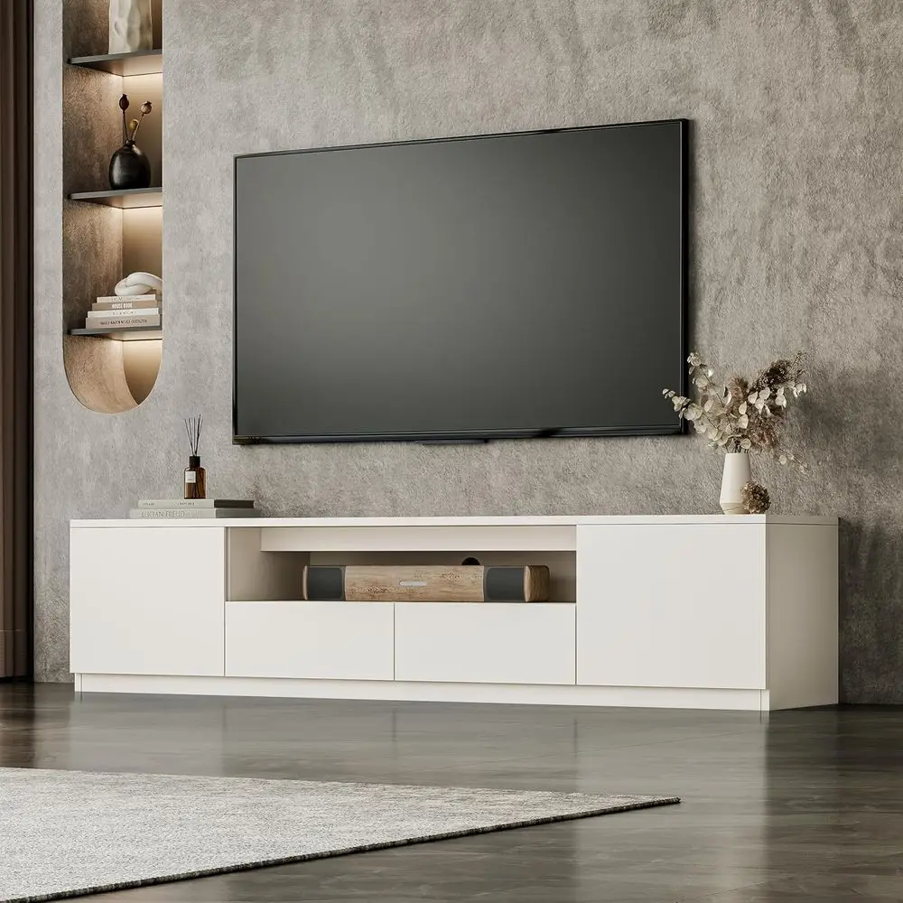 White Modern TV Stand for 55-75 Inch TVs with Storage and Cable Management
White Modern TV Stand for 55-75 Inch TVs with Storage and Cable Management