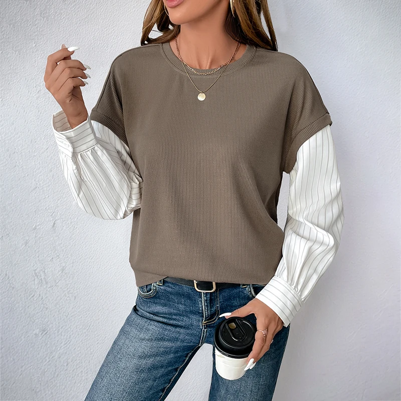 Women's Coffee Contrast Striped Drop Sleeves Fake Two-Piece Sweatshirt - Autumn Winter Casual Round Neck Fashion Commuter Top
Women's Coffee Contrast Striped Drop Sleeves Fake Two-Piece Sweatshirt - Autumn Winter Casual Round Neck Fashion Commuter Top