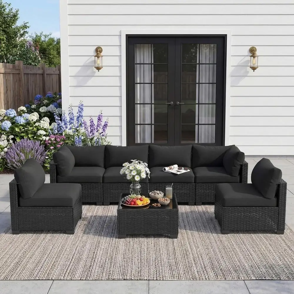 7-Piece Outdoor Sectional Sofa Set with Coffee Table and Cushions, Ideal for Patio, Backyard, and Poolside in Black
7-Piece Outdoor Sectional Sofa Set with Coffee Table and Cushions, Ideal for Patio, Backyard, and Poolside in Black