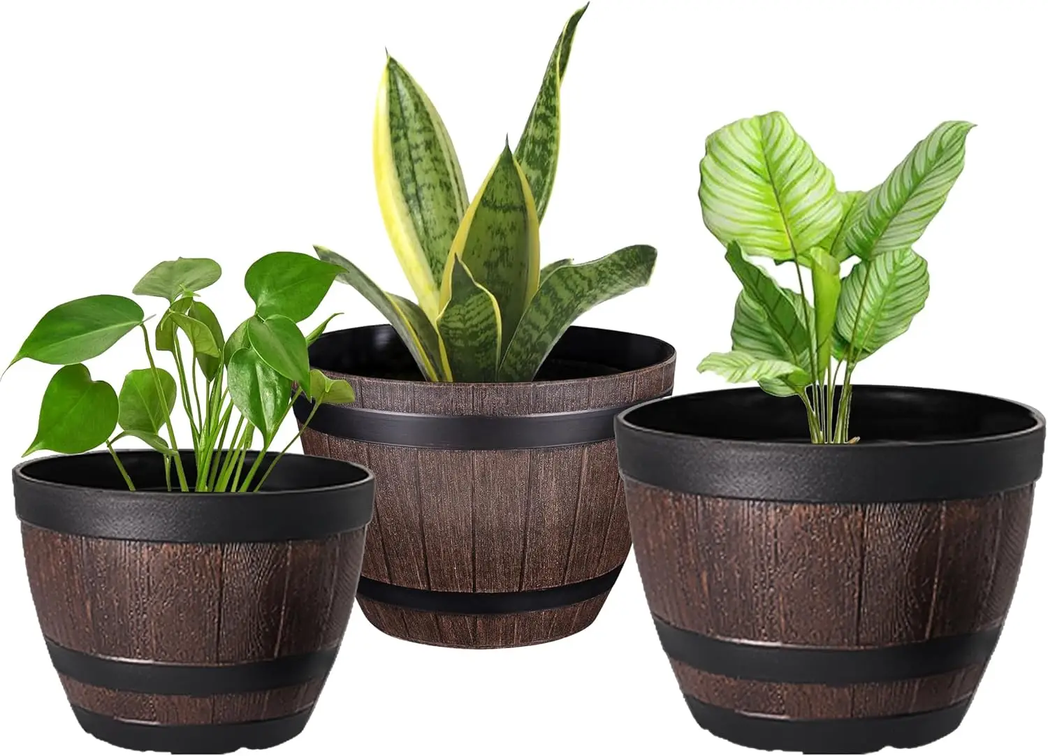 3 Pack Plastic Planters with Drainage Holes & Saucers, 9/11.3/13 Inch Whiskey Barrel Design for Indoor Outdoor Garden Flowers
3 Pack Plastic Planters with Drainage Holes & Saucers, 9/11.3/13 Inch Whiskey Barrel Design for Indoor Outdoor Garden Flowers