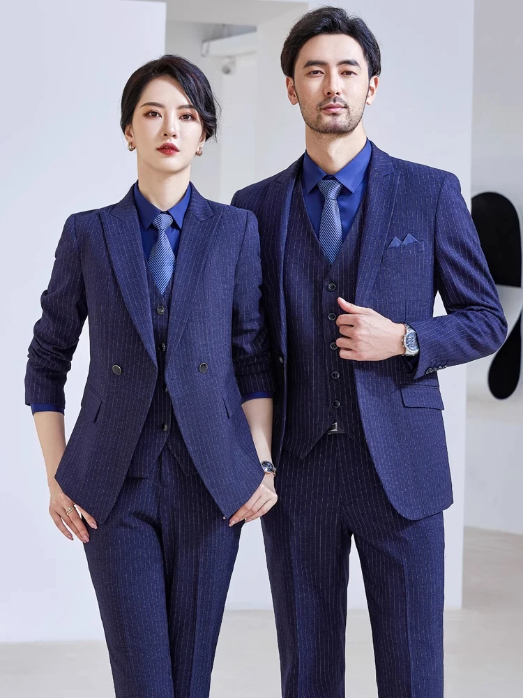 Костюм в синюю полоску для женщин, осенне-зимний, профессиональная рабочая одежда, приталенный крой, деловая формальная одежда для мужчин и женщин
Костюм в синюю полоску для женщин, осенне-зимний, профессиональная рабочая одежда, приталенный крой, деловая формальная одежда для мужчин и женщин