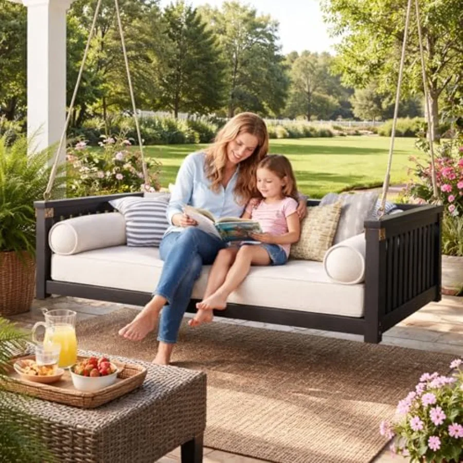 Twin Size Porch Swing Bed, Acacia Wood Outdoor Hanging Daybed Swing Bench with Heavy Duty Ropes, Farmhouse Patio Porch Swing Ch
Twin Size Porch Swing Bed, Acacia Wood Outdoor Hanging Daybed Swing Bench with Heavy Duty Ropes, Farmhouse Patio Porch Swing Ch