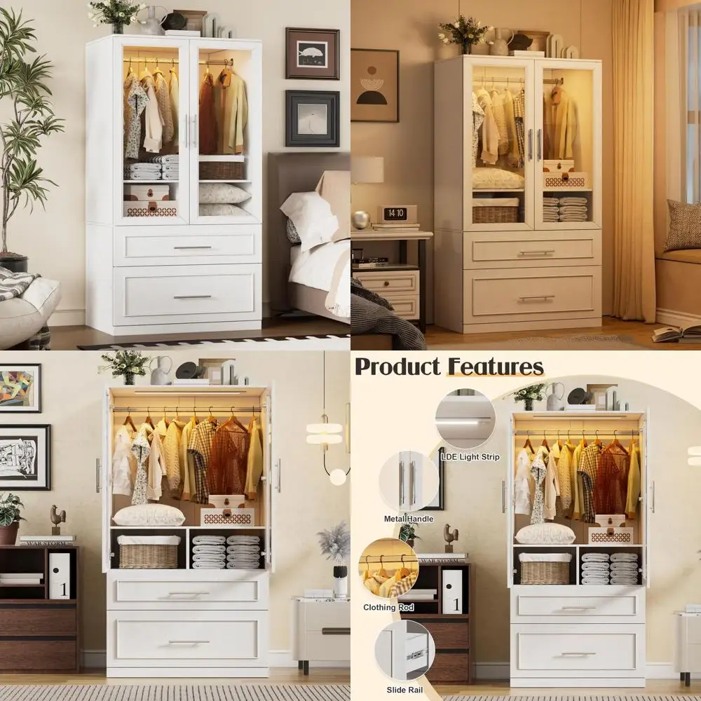 Lighted Glass Door Armoire Wardrobe with Hanging Rod for Bedroom Storage in White
Lighted Glass Door Armoire Wardrobe with Hanging Rod for Bedroom Storage in White