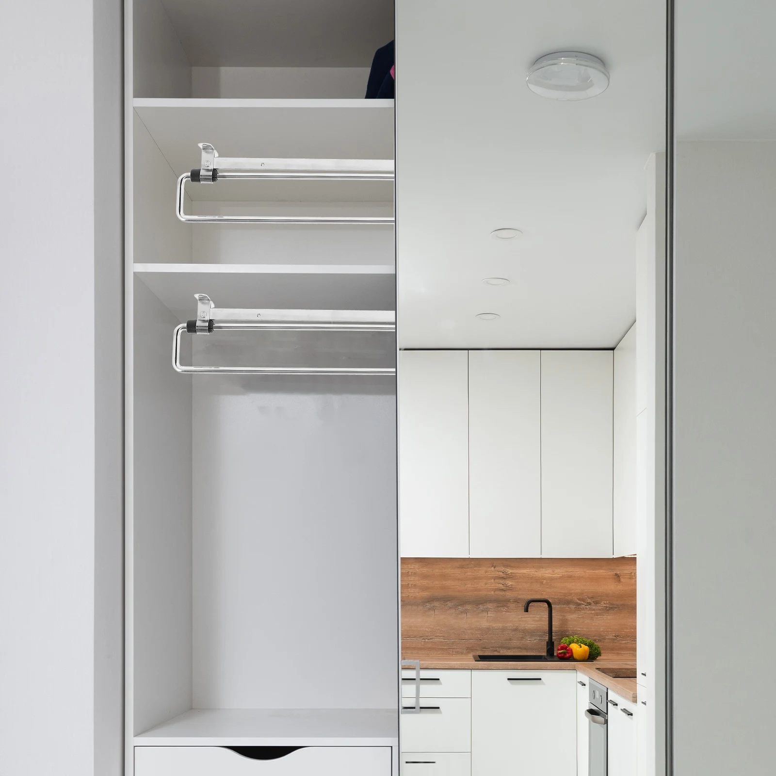 Retractable Wardrobe Clothes Rail Top mounted Push pull Side Hanger Hardware Closet Rod Iron Simple Design Practical Use
Retractable Wardrobe Clothes Rail Top mounted Push pull Side Hanger Hardware Closet Rod Iron Simple Design Practical Use