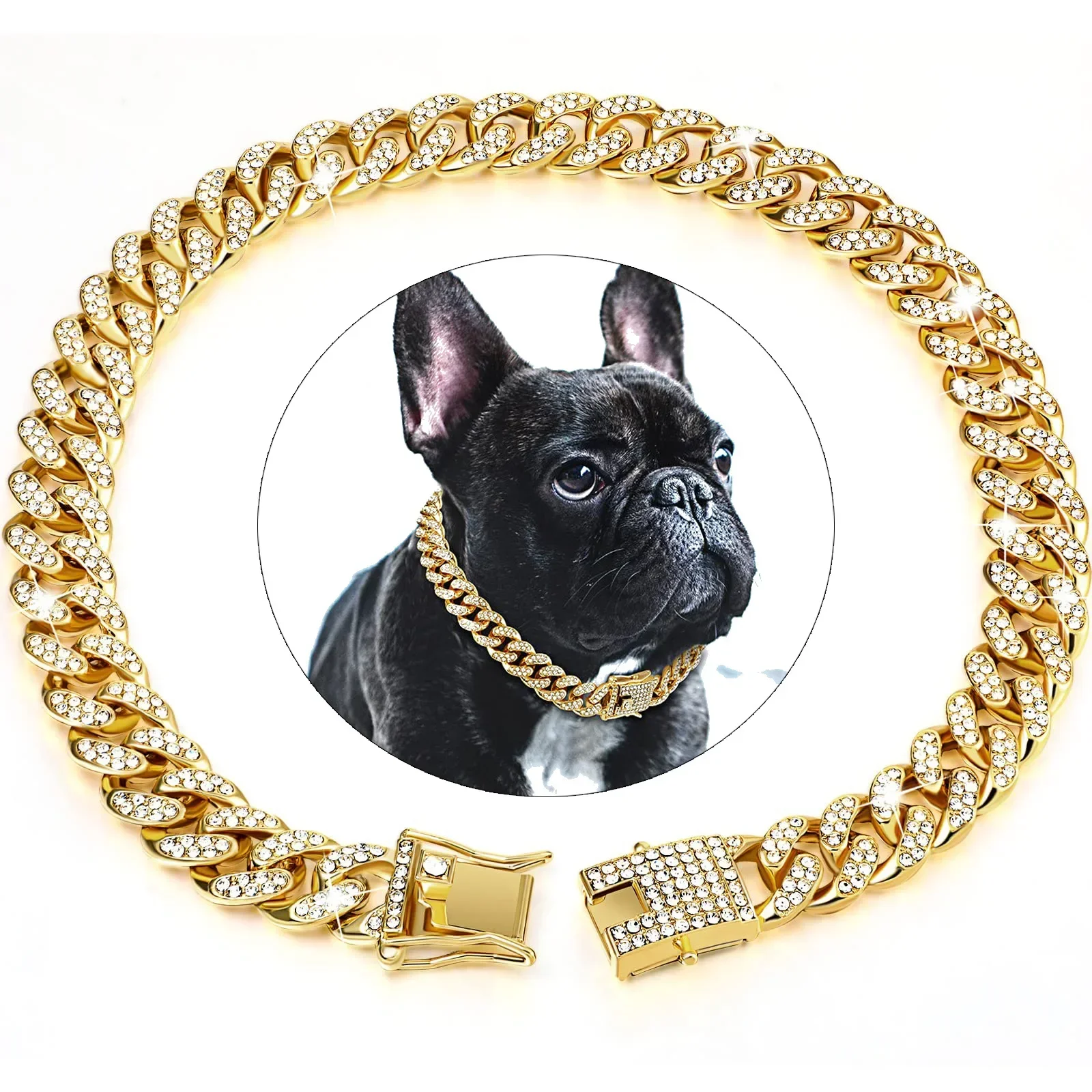 Diamonds Gold Dog Collar Dog Necklace Hip Hop Style with Safety Buckle Lock Dog Jewellery
Diamonds Gold Dog Collar Dog Necklace Hip Hop Style with Safety Buckle Lock Dog Jewellery