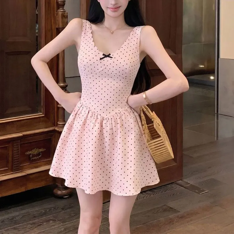 French Style Pink Sweet Polka Dot Sundress Female Clothing Waist A-Line Summer Printed Sleeveless Aura Stylish Bow Mini Dress
French Style Pink Sweet Polka Dot Sundress Female Clothing Waist A-Line Summer Printed Sleeveless Aura Stylish Bow Mini Dress
