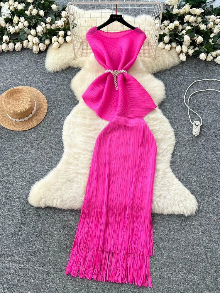 Faionable Summer Women's Clothing Design Sense Uneven Tie Waist Svel Pleated Top Tassel f-length Skirt Set
Faionable Summer Women's Clothing Design Sense Uneven Tie Waist Svel Pleated Top Tassel f-length Skirt Set
