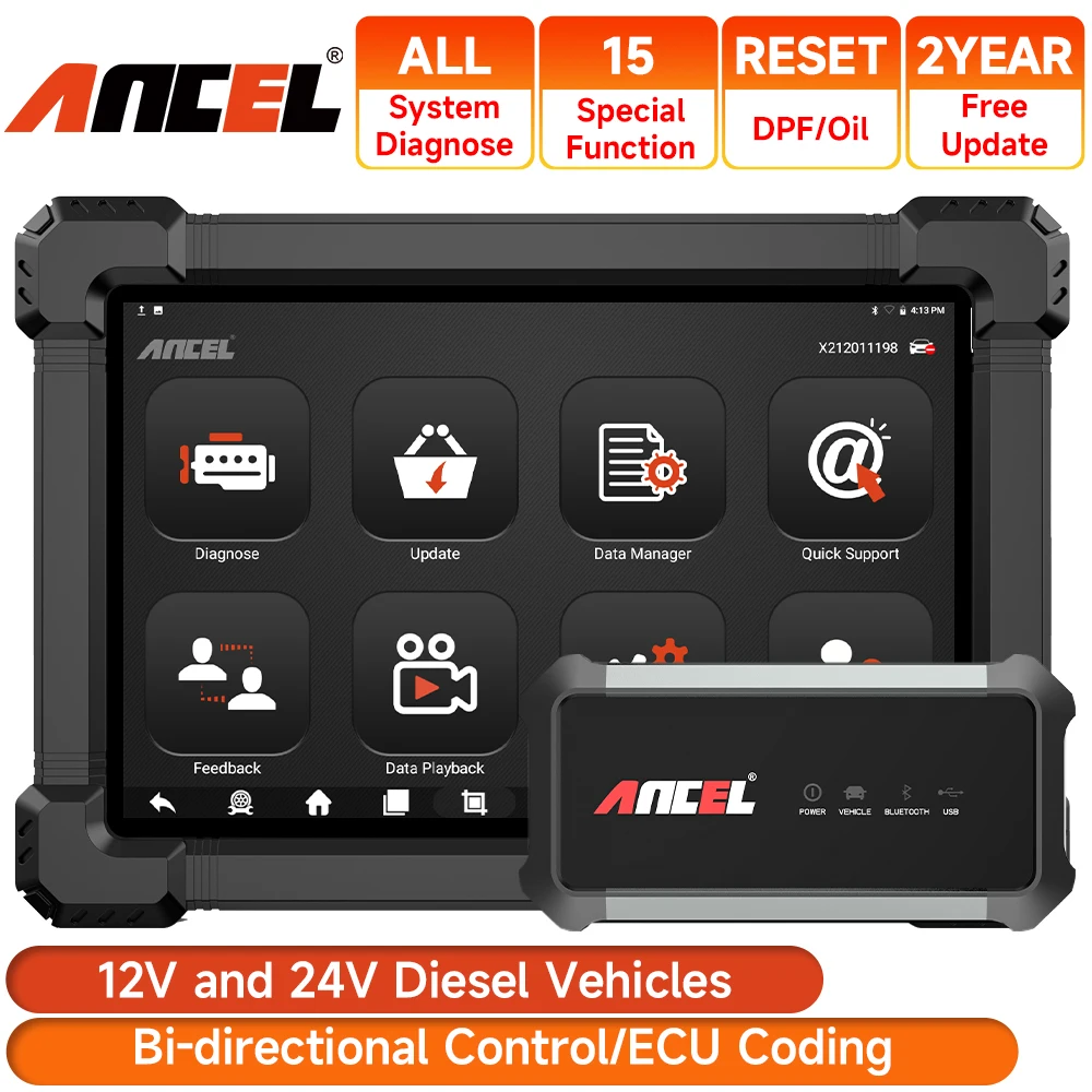 Ancel X7 HD Diesel Heavy Duty Truck Scanner Bi-directional ECU Oil Reset All System OBD2 Diagnostic Tool for 24V Truck&12V Car
Ancel X7 HD Diesel Heavy Duty Truck Scanner Bi-directional ECU Oil Reset All System OBD2 Diagnostic Tool for 24V Truck&12V Car