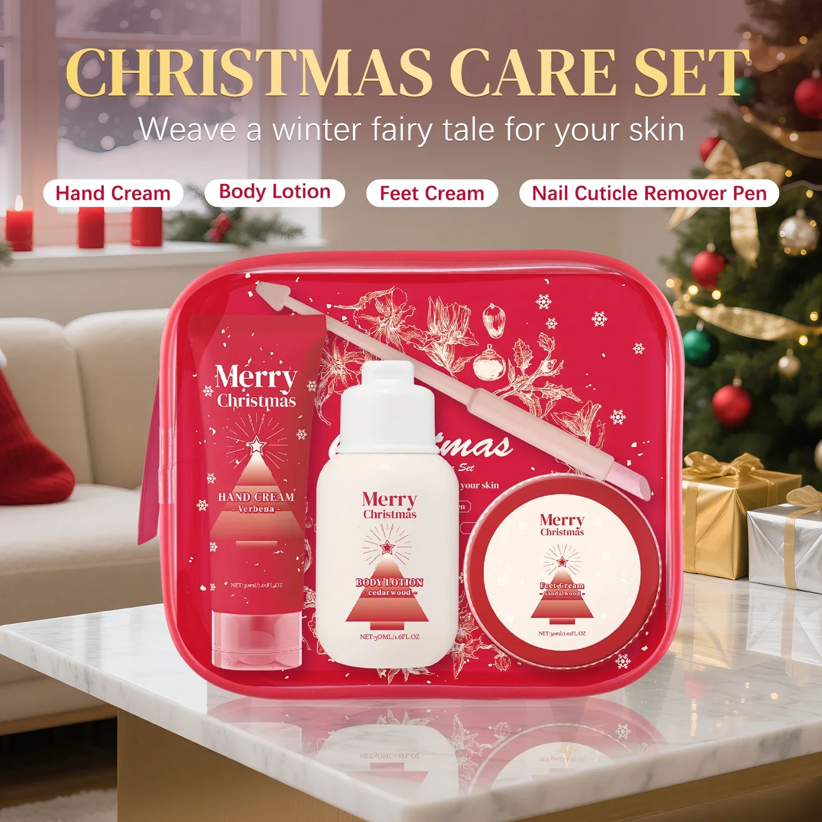Merry Christmas 110ml Skin Care Gift Set - Hand Body Feet Cream with Nail Pen, Natural Verbena Cedarwood Sandalwood Fragrance
Merry Christmas 110ml Skin Care Gift Set - Hand Body Feet Cream with Nail Pen, Natural Verbena Cedarwood Sandalwood Fragrance