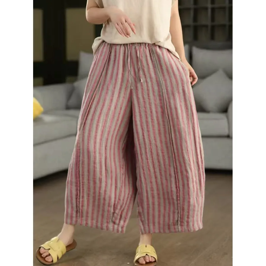 Casual Cotton Linen Striped Wide Leg Pants Nine Points Harlan Summer New Style Women's plus Size Clothing Straight Cut Trousers
Casual Cotton Linen Striped Wide Leg Pants Nine Points Harlan Summer New Style Women's plus Size Clothing Straight Cut Trousers