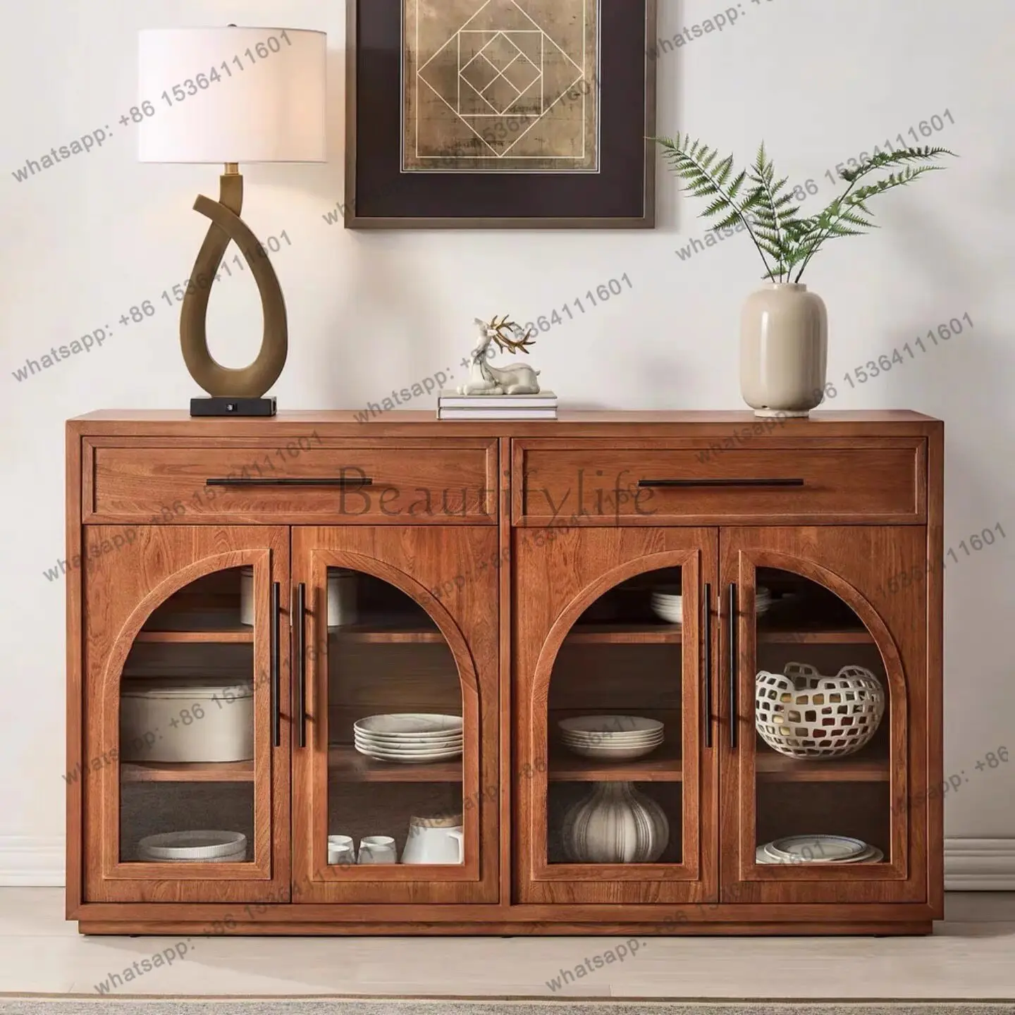 French retro solid wood dining side cabinet, arched door against the wall for storage, living room low side cabinet
French retro solid wood dining side cabinet, arched door against the wall for storage, living room low side cabinet