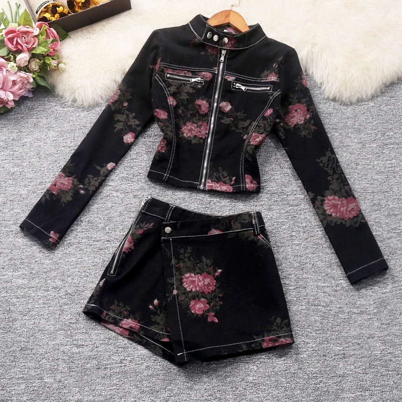 Women American Printed Stand Collar Zipper Thin Coat + Asymmetrical Mini Skirts Denim Two Piece Sets
Women American Printed Stand Collar Zipper Thin Coat + Asymmetrical Mini Skirts Denim Two Piece Sets