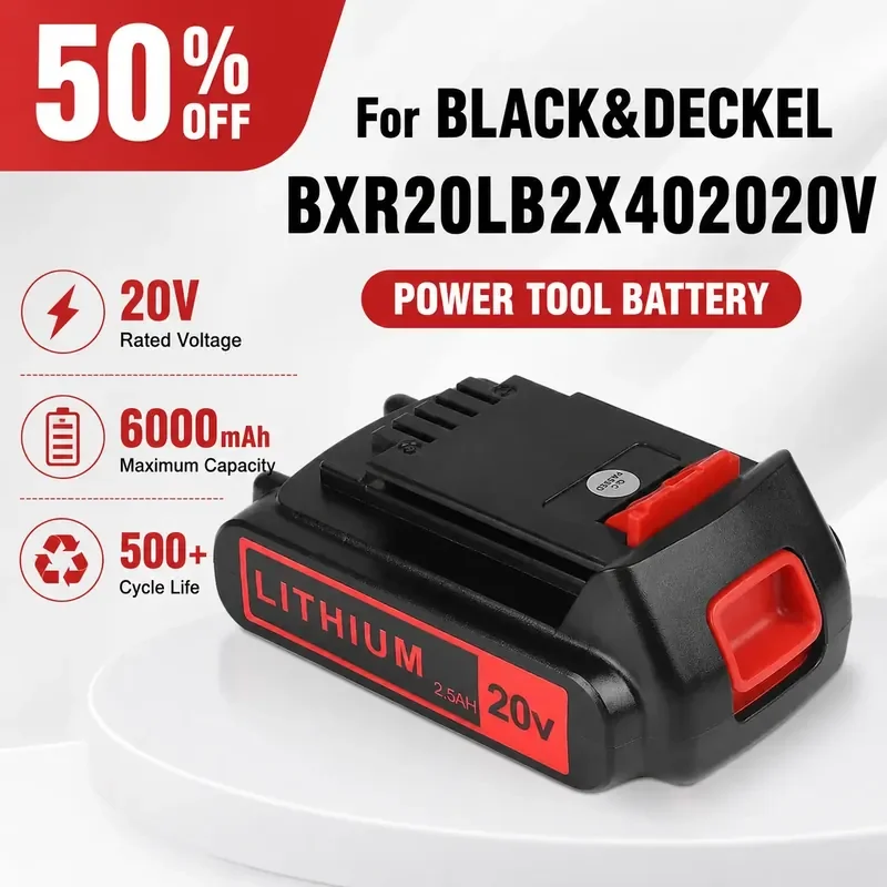 For Black & Decker BXR20L B2X4020 20V Power Tool Battery 6.0 Ah Replacement
For Black & Decker BXR20L B2X4020 20V Power Tool Battery 6.0 Ah Replacement