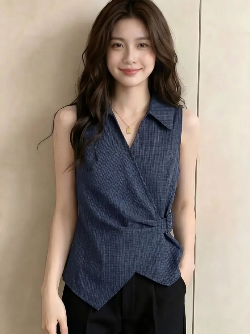 Women's Plaid Belted Sleeveless Shirt Summer New Style Korean Version Waist-Cinching V-neck Cotton Casual Top
Women's Plaid Belted Sleeveless Shirt Summer New Style Korean Version Waist-Cinching V-neck Cotton Casual Top