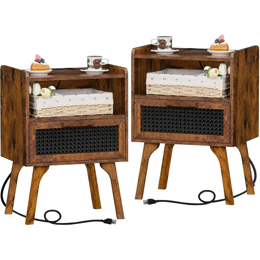 2-Piece Rattan Nightstand Set with Charging Station, Bohemian Style Open Shelf Side Table, Solid Wood Leg Accent End Table for B
2-Piece Rattan Nightstand Set with Charging Station, Bohemian Style Open Shelf Side Table, Solid Wood Leg Accent End Table for B