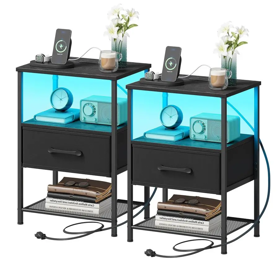 Stand Set 2, End Table with Charging Station, LED Bedside Table with Fabric Drawer for Bedroom, 3Tier Side Table with Open Shelf
Stand Set 2, End Table with Charging Station, LED Bedside Table with Fabric Drawer for Bedroom, 3Tier Side Table with Open Shelf