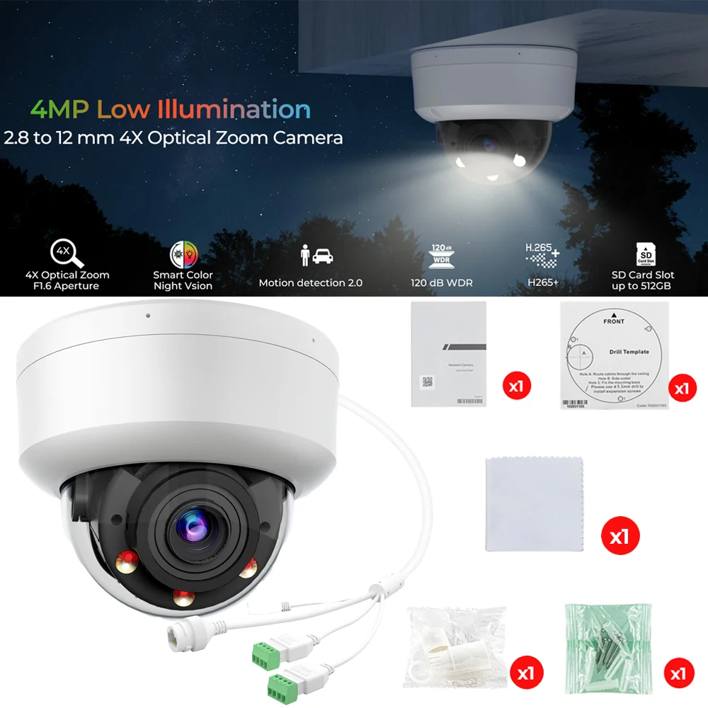 4 MP Smart Hybrid Light Varifocal Vandal Proof Dome IP Camera 4x Zoom MIC SD Card Slot Human Vehicle Motion detection IP67
4 MP Smart Hybrid Light Varifocal Vandal Proof Dome IP Camera 4x Zoom MIC SD Card Slot Human Vehicle Motion detection IP67