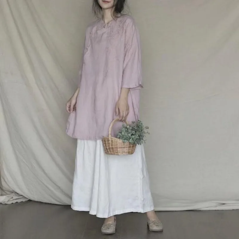 Women's Pink Linen Blend Frog Button Embroidered Blouse White Wide Leg Pants Set Casual Chinese Style Two Piece Outfit
Women's Pink Linen Blend Frog Button Embroidered Blouse White Wide Leg Pants Set Casual Chinese Style Two Piece Outfit