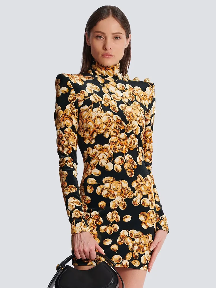 Grape Printed Gold Slim Mini Dress Velvet Turtleneck Women Button Design Long Sleeves Celebrity Cocktail Club Party Dress
Grape Printed Gold Slim Mini Dress Velvet Turtleneck Women Button Design Long Sleeves Celebrity Cocktail Club Party Dress