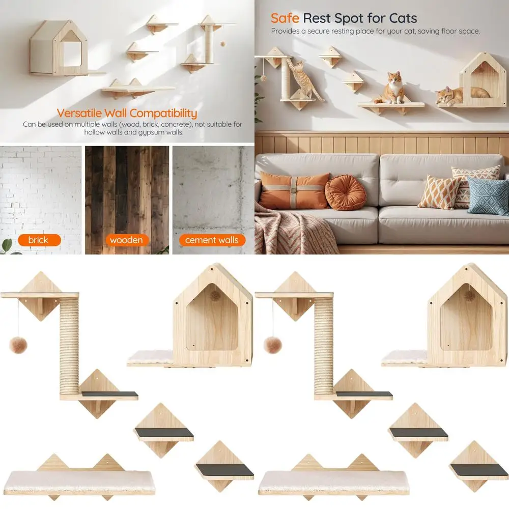Set of 5 Wall Mounted Cat Shelves with Climbing House, Steps, Scratching Post, and Perch, Sturdy and Anti-Slip, Natural
Set of 5 Wall Mounted Cat Shelves with Climbing House, Steps, Scratching Post, and Perch, Sturdy and Anti-Slip, Natural