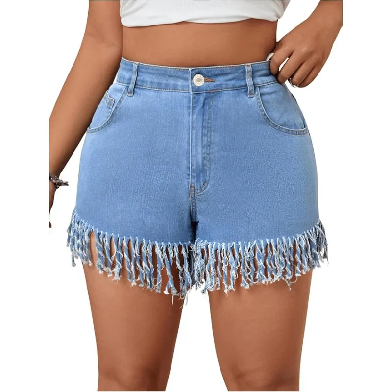 2025 New Women's Large Size Light Blue Denim Shorts High Waisted with Fringe Design Summer Fashion Staple
2025 New Women's Large Size Light Blue Denim Shorts High Waisted with Fringe Design Summer Fashion Staple