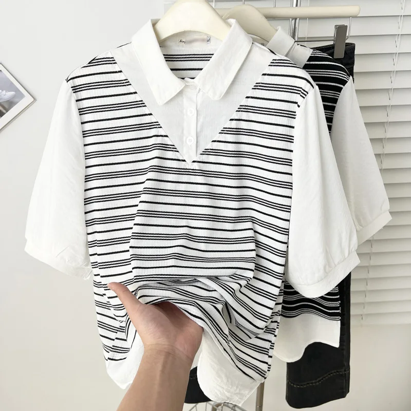Летний топ весом 100 кг, новый стиль, винтажная полосатая строчка, женская рубашка из двух частей с короткими рукавами, 8577 
Летний топ весом 100 кг, новый стиль, винтажная полосатая строчка, женская рубашка из двух частей с короткими рукавами, 8577