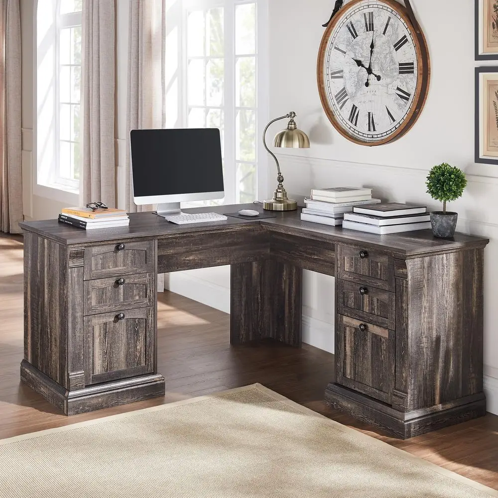 60 L Shaped Executive Desk with Drawers, Farmhouse Home Office Desk with Charging Station, File Cabinet Storage, Wood Corner Co
60 L Shaped Executive Desk with Drawers, Farmhouse Home Office Desk with Charging Station, File Cabinet Storage, Wood Corner Co
