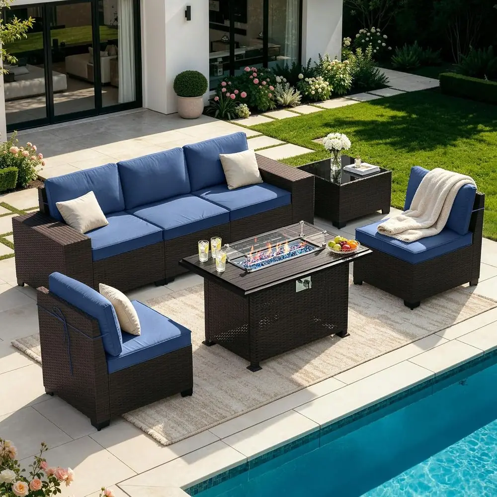 7-Piece Outdoor Patio Furniture Set with 43 Gas Fire Pit and Navy Blue PE Rattan Wicker Sofa
7-Piece Outdoor Patio Furniture Set with 43 Gas Fire Pit and Navy Blue PE Rattan Wicker Sofa